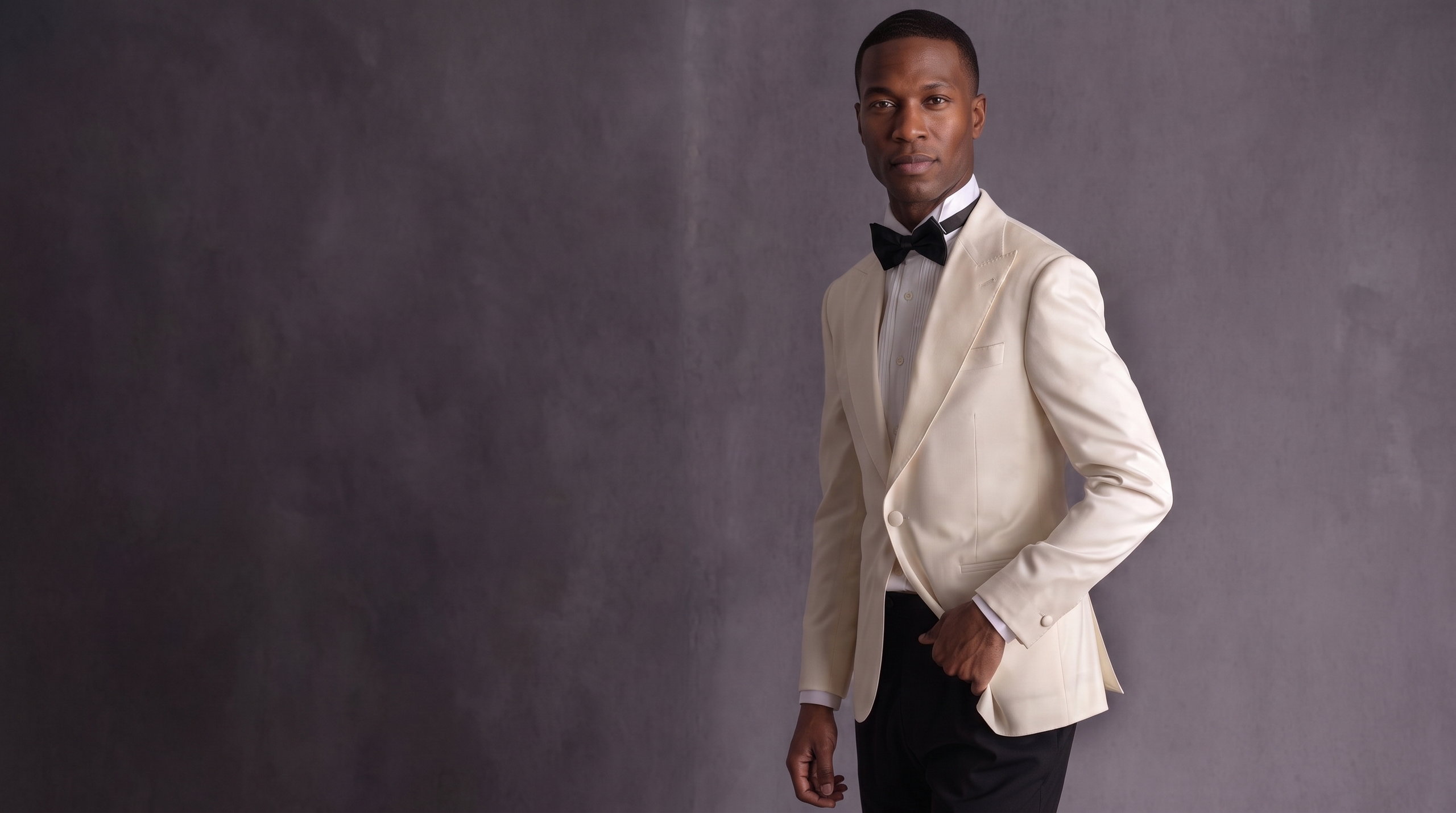 Black tie — a made-to-measure dinner jacket and evening trousers from the AW 2026 book, worn