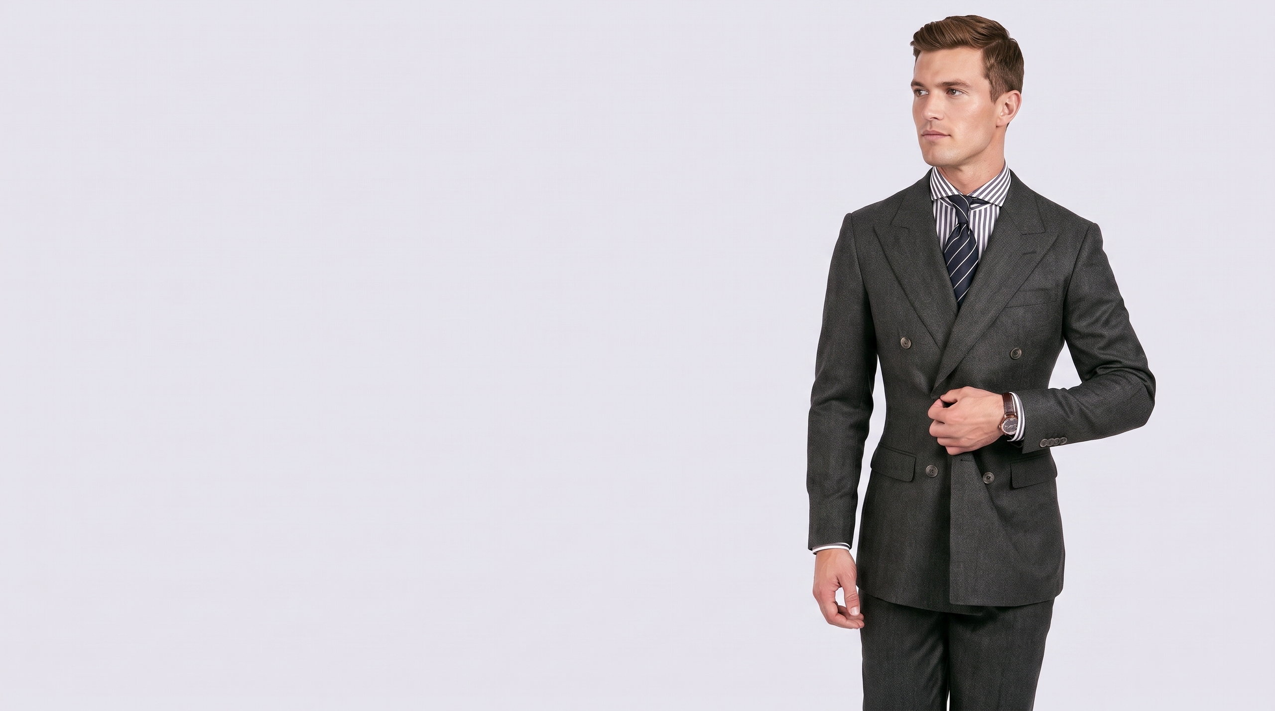 Suiting — a made-to-measure two-piece suit from the AW 2026 book, worn